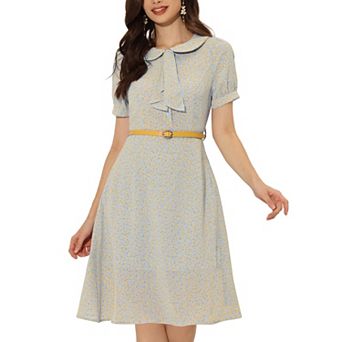 Women's Peter Pan Collar Tie Neck Elegant Floral Dress with Belt
