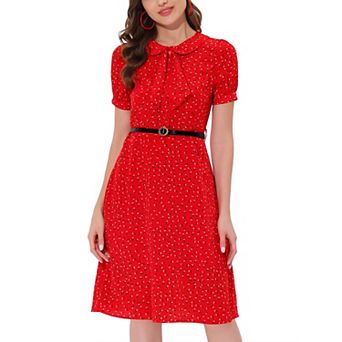 Women's Peter Pan Collar Tie Neck Elegant Floral Dress with Belt