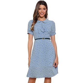Women's Peter Pan Collar Tie Neck Elegant Floral Dress with Belt