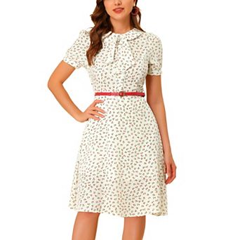 Women's Peter Pan Collar Tie Neck Elegant Floral Dress with Belt