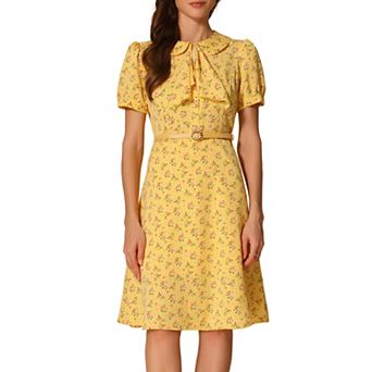 Women's Peter Pan Collar Tie Neck Elegant Floral Dress with Belt
