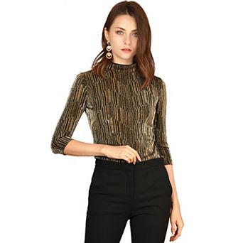 Women's Party Glitter 3/4 Sleeve Shiny Striped Metallic Tops