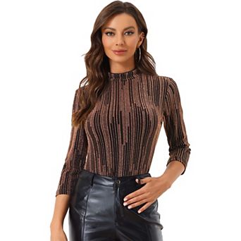 Women's Party Glitter 3/4 Sleeve Shiny Striped Metallic Tops