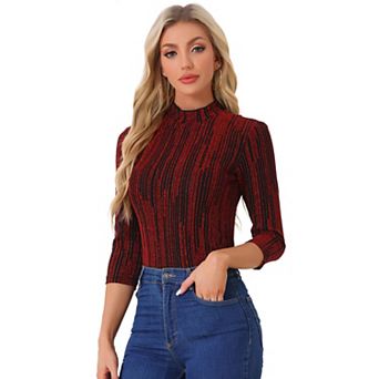 Women's Party Glitter 3/4 Sleeve Shiny Striped Metallic Tops