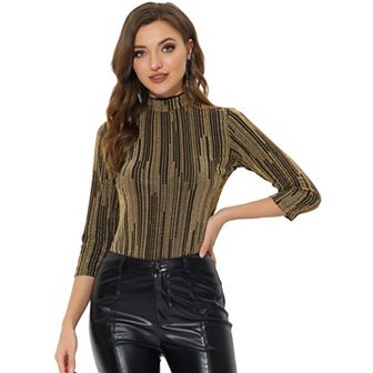 Women's Party Glitter 3/4 Sleeve Shiny Striped Metallic Tops