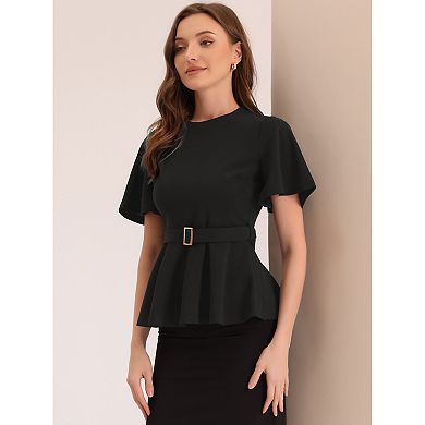 Peplum Blouse for Women's Round Neck Bell Sleeve Belted Waist Office Blouse
