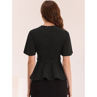 Peplum Blouse for Women's Round Neck Bell Sleeve Belted Waist Office Blouse