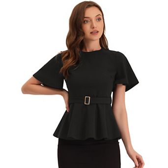 Peplum Blouse For Women's Round Neck Bell Sleeve Belted Waist Office Blouse