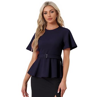 Peplum Blouse for Women's Round Neck Bell Sleeve Belted Waist Office Blouse