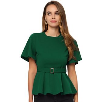 Peplum Blouse For Women's Round Neck Bell Sleeve Belted Waist Office Blouse