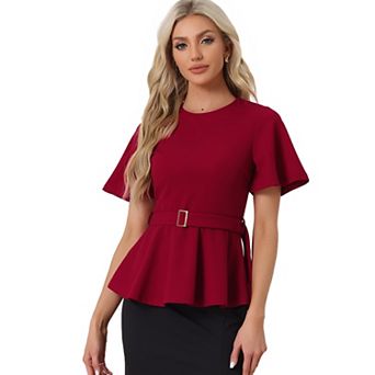 Peplum Blouse For Women's Round Neck Bell Sleeve Belted Waist Office Blouse