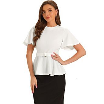 Peplum Blouse for Women's Round Neck Bell Sleeve Belted Waist Office Blouse