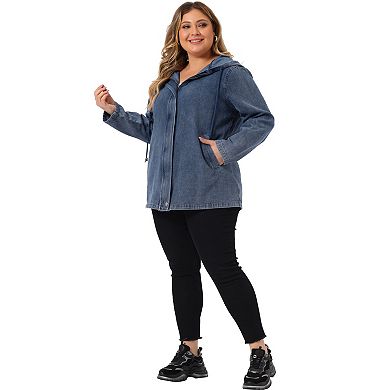 Women's Plus Size Layered Drawstring Hood for Women Denim Utility Jacket W Pockets