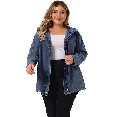 Women's Plus Size Layered Drawstring Hood for Women Denim Utility Jacket W Pockets