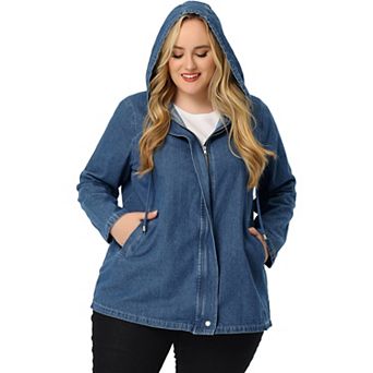 Women's Plus Size Layered Drawstring Hood for Women Denim Utility Jacket W Pockets