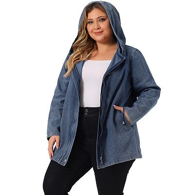 Women s Plus Size Layered Drawstring Hood for Women Denim Utility Jacket W Pockets