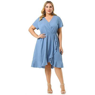 Women's Plus Size Denim Wrap Elastic Waist Ruffle Dress