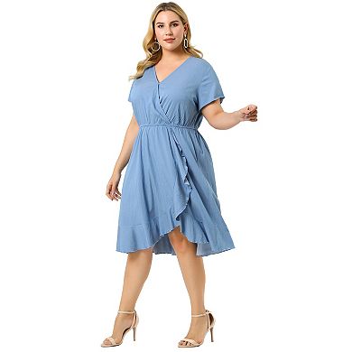 Women's Plus Size Denim Wrap Elastic Waist Ruffle Dress