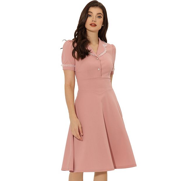 Work Lace Notched Collar Vintage 1950s Short Sleeve Midi Shirt Dress, Pink / Xs