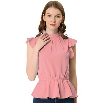 Women's Ruffle Flutter Sleeve Pleated Frill Collar Peplum Blouse Top