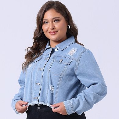 Women's Plus Size Denim Jackets Washed Button Front Long Sleeve Ripped Frayed Crop Denim Jacket