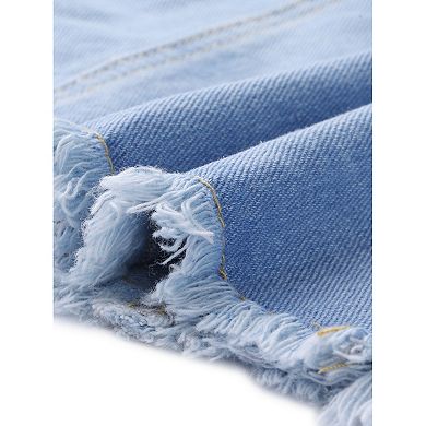 Women's Plus Size Denim Jackets Washed Button Front Long Sleeve Ripped Frayed Crop Denim Jacket