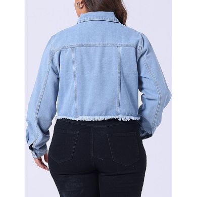 Women's Plus Size Denim Jackets Washed Button Front Long Sleeve Ripped Frayed Crop Denim Jacket
