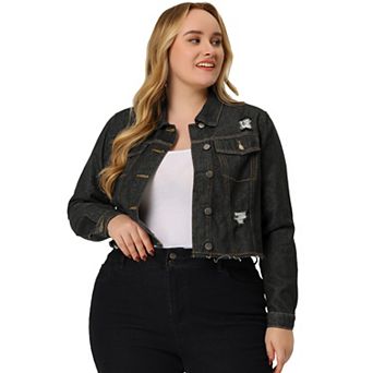 Women's Plus Size Denim Jackets Washed Button Front Long Sleeve Ripped Frayed Crop Denim Jacket