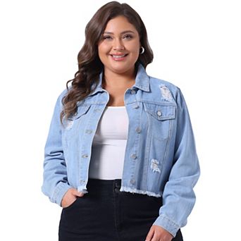Women's Plus Size Denim Jackets Washed Button Front Long Sleeve Ripped Frayed Crop Denim Jacket