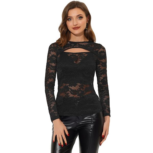 See Through Top for Women's Cut Out Long Sleeve Semi Sheer Fitted Lace Top