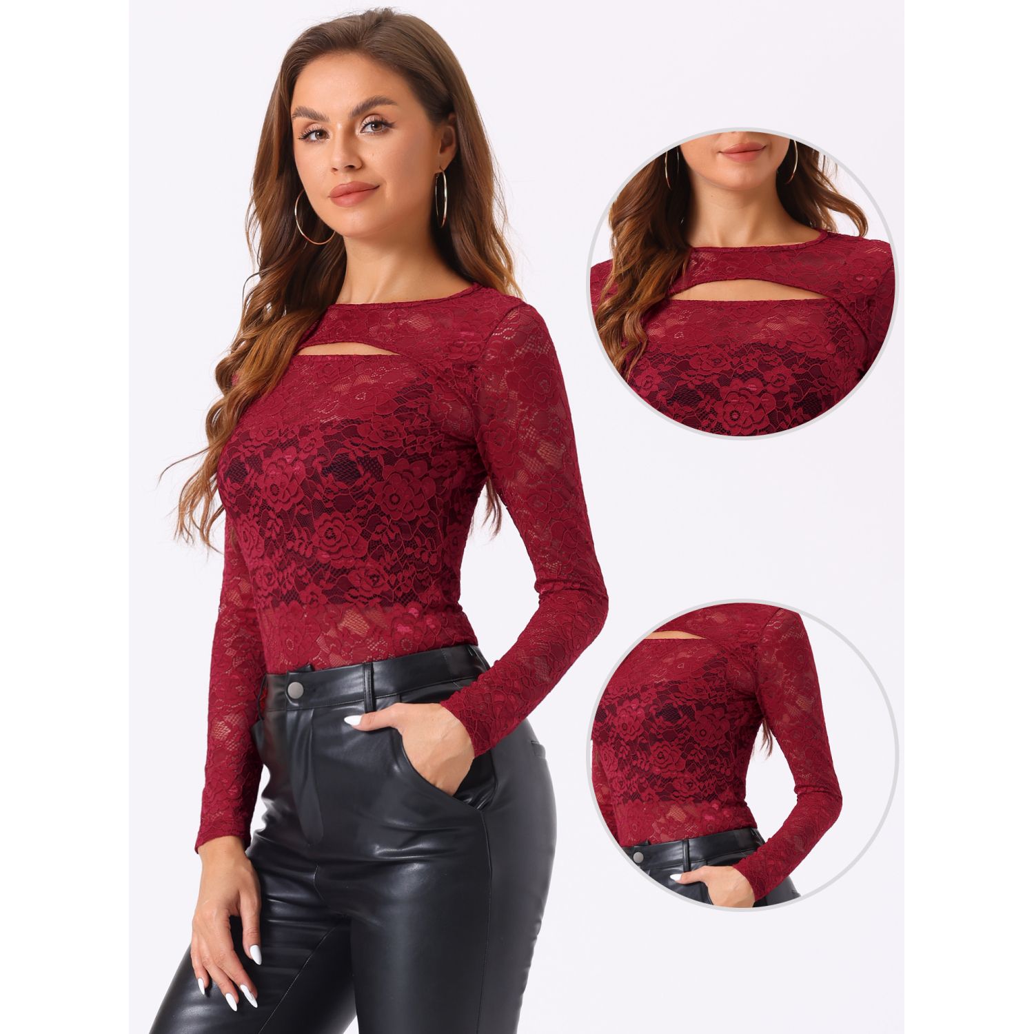 See Through Top For Women's Cut Out Long Sleeve Semi Sheer Fitted Lace Top