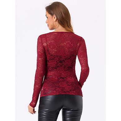 See Through Top for Women's Cut Out Long Sleeve Semi Sheer Fitted Lace Top
