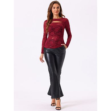 See Through Top for Women's Cut Out Long Sleeve Semi Sheer Fitted Lace Top