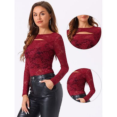 See Through Top for Women's Cut Out Long Sleeve Semi Sheer Fitted Lace Top