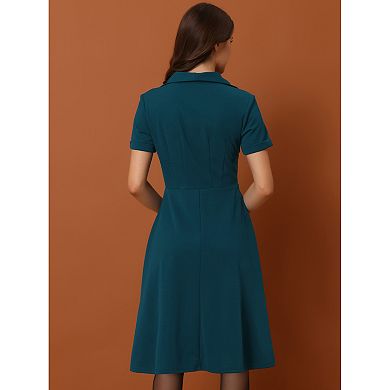Women's 1950s Retro Vintage Short Sleeve V Neck Button Down A-Line Swing Dresses