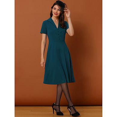 Women's 1950s Retro Vintage Short Sleeve V Neck Button Down A-Line Swing Dresses