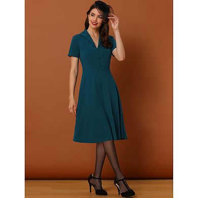 Women's 1950s Retro Vintage Short Sleeve V Neck Button Down A-line Swing Dresses