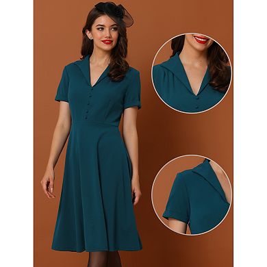 Women's 1950s Retro Vintage Short Sleeve V Neck Button Down A-Line Swing Dresses