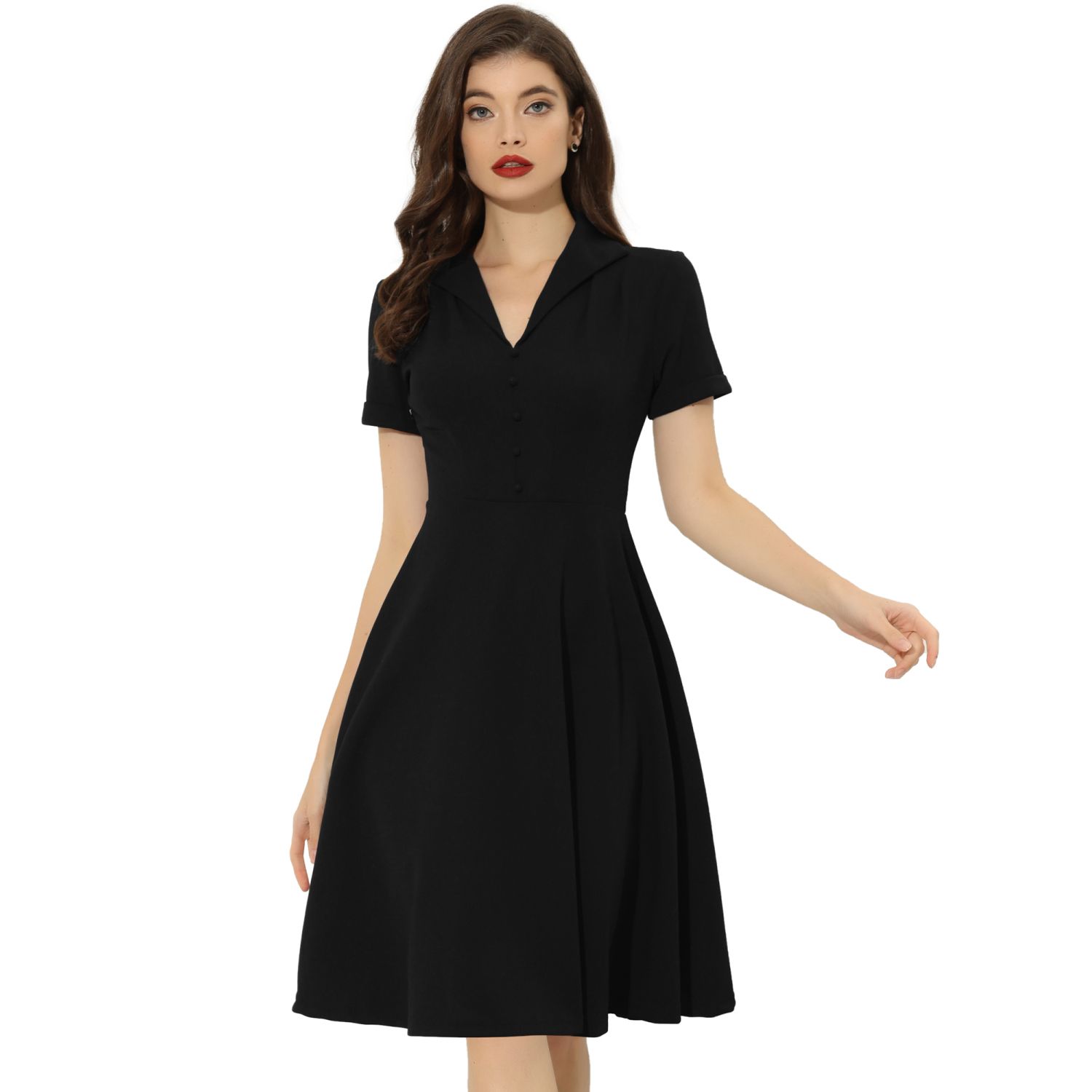 Inspire Chic Women's Vintage Flat Collar V Neck Short Sleeve Belted 1950s Flare Dress Large Black Women's 1950s Retro Vintage Short Sleeve V Neck Button Down A-line Swing  Dresses