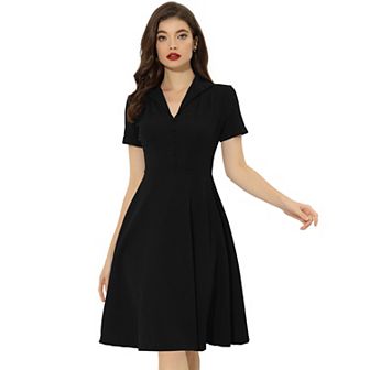 Women's 1950s Retro Vintage Short Sleeve V Neck Button Down A-Line Swing Dresses