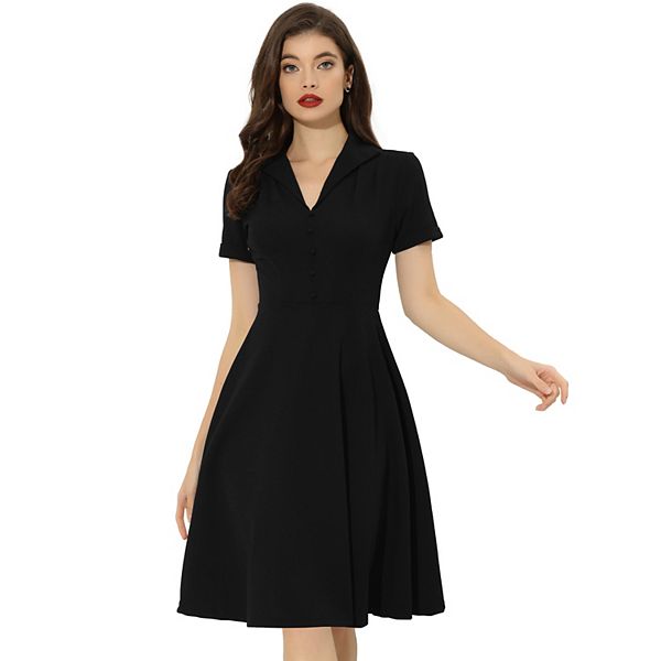 Women s 1950s Retro Vintage Short Sleeve V Neck Button Down A line Swing Dresses