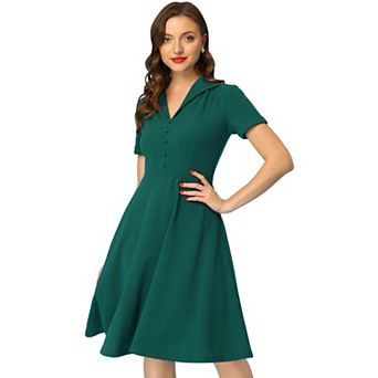 Women's 1950s Retro Vintage Short Sleeve V Neck Button Down A-line Swing Dresses