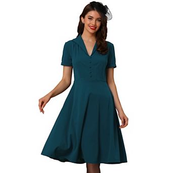 Women's 1950s Retro Vintage Short Sleeve V Neck Button Down A-line Swing Dresses
