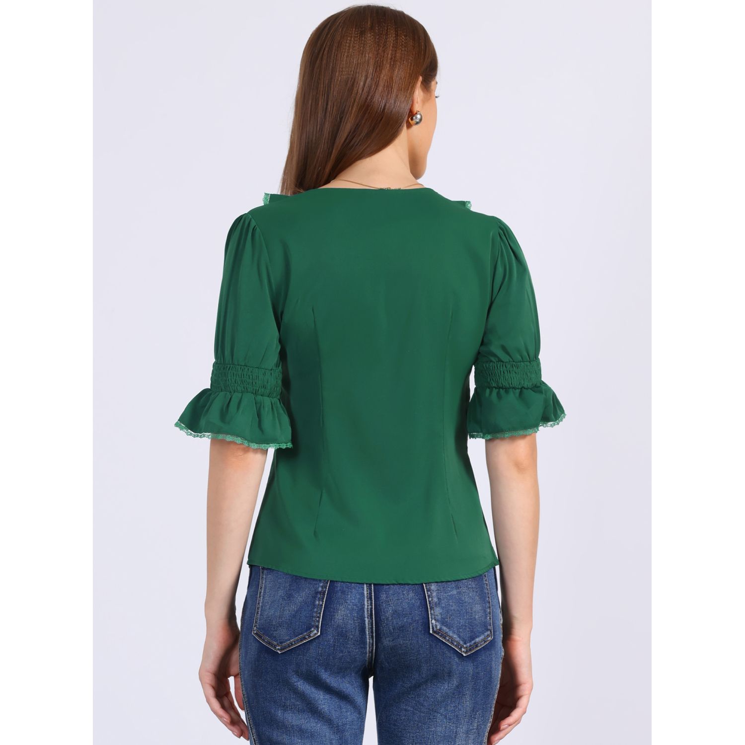 Women's Ruffled V Neck Blouse Half Bell Sleeve Casual Chiffon Top