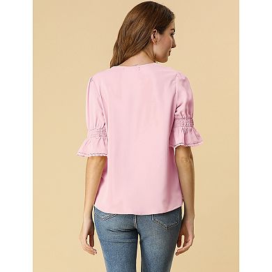 Women's Ruffled V Neck Blouse Half Bell Sleeve Casual Chiffon Top
