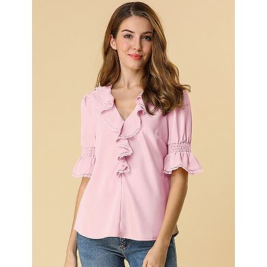 Women's Ruffled V Neck Blouse Half Bell Sleeve Casual Chiffon Top