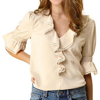 Women's Ruffled V Neck Blouse Half Bell Sleeve Casual Chiffon Top