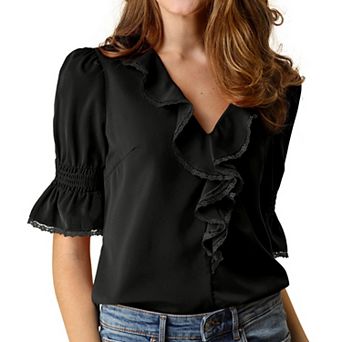 Women's Ruffled V Neck Blouse Half Bell Sleeve Casual Chiffon Top