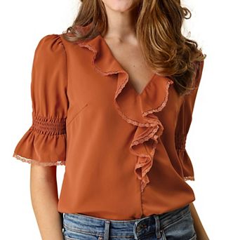 Women's Ruffled V Neck Blouse Half Bell Sleeve Casual Chiffon Top