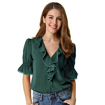 Women's Ruffled V Neck Blouse Half Bell Sleeve Casual Chiffon Top